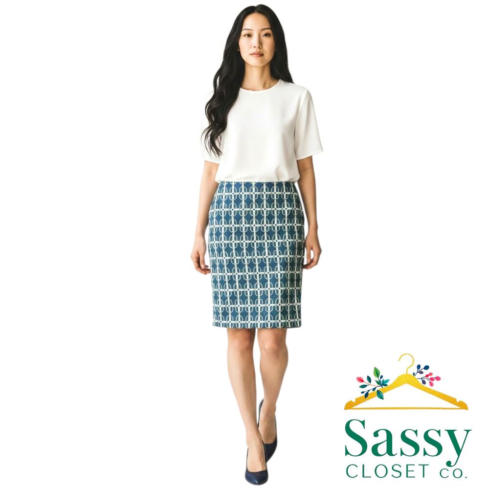 TALBOTS Chatham Navy Geometric Pencil Skirt 6P Blue Green Trellis Tile EUC